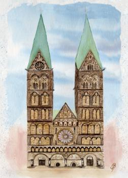 Poster DIN-A4 Aquarell Maritim Kunst Druck Kunstdruck Bremen Bremer Dom Souvenir Souvenirs
